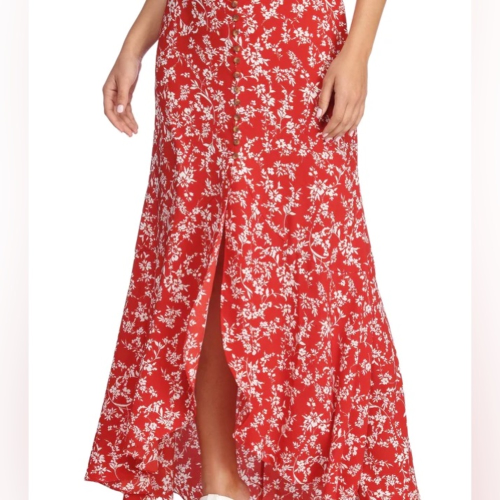 Red Button Up Hourglass Silhouette Floral Windsor Maxi Skirt